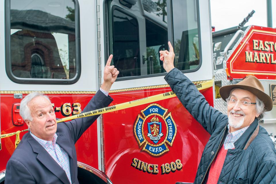 2026 Award Winners Brett Whitehead and Dr. Michael Fisher point to "service for others" at Talbot Day 2026.