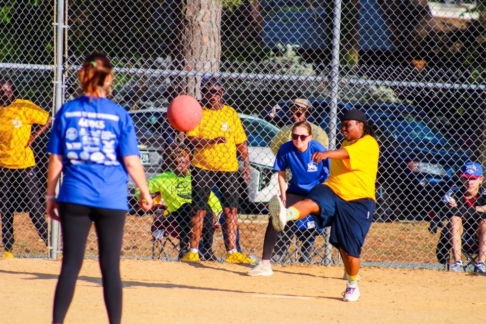 Kickin' Chickens player takes a kick during the Shore Social Spring Kickball league.