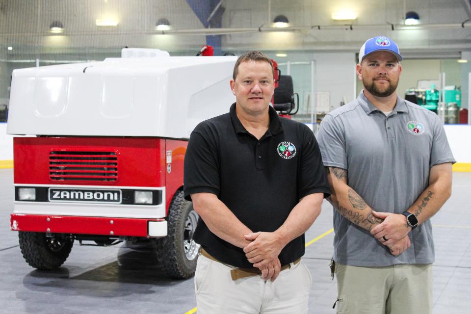 Brian Harris, Talbot Parks and Recreation Facility Manager, and Jonny Brown, Assistant Facility Manager stand in the ice rink of the Talbot County Community Center. The 2023 ice season is scheduled to begin on September 15, 2023.