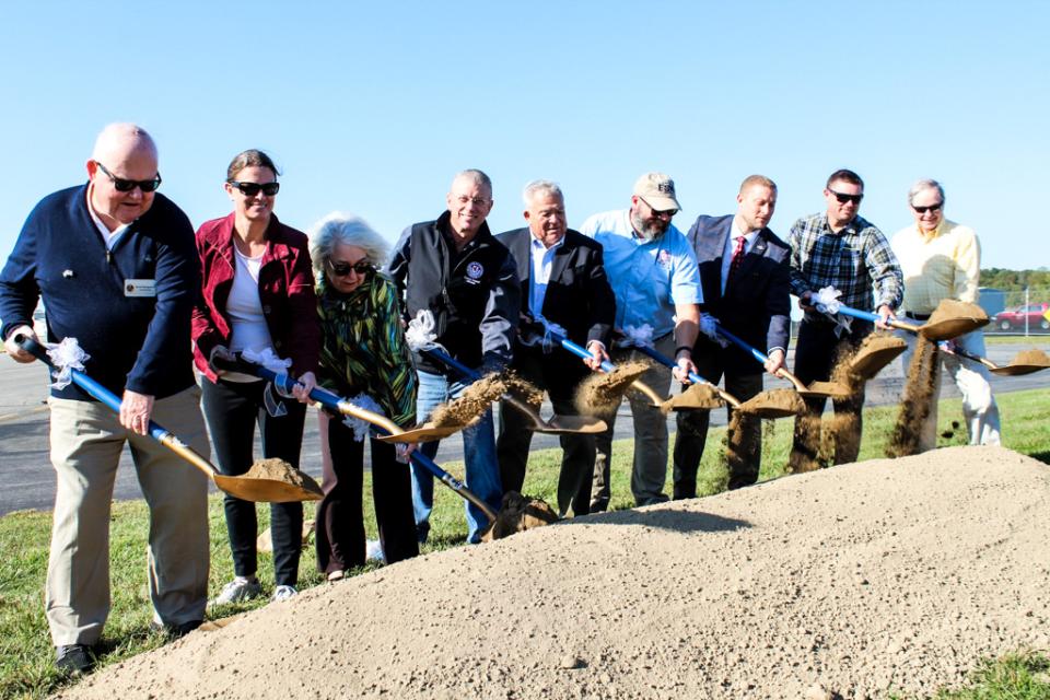 From left to right: David Montgomery, Easton Town Council, Megan Cook, Easton Town Mayor, Lynn Mielke, Talbot County Council, Chuck Callahan, Talbot County Council President, Mike Henry, former Easton Airport Manager, Micah Risher, Easton Airport Manager,