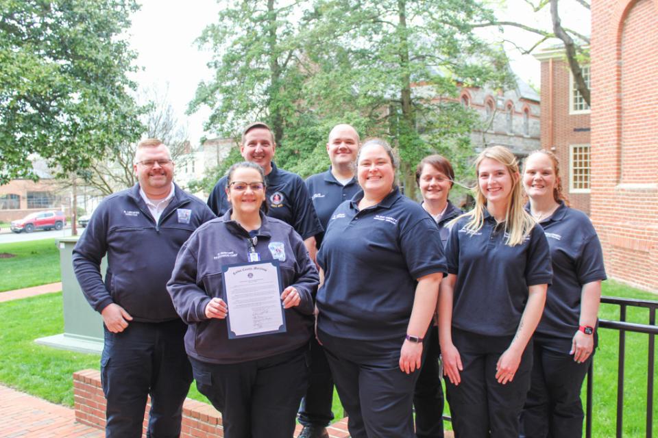 The Department of Emergency Services received a proclamation for National Public Safety Telecommunicators Week. From left to right: Brian LeCates, Holley Guschke, Rich Williamson, Josh Willis, Melody Whitley, Heather Jones, Haleigh Kimble, Donna Haddaway