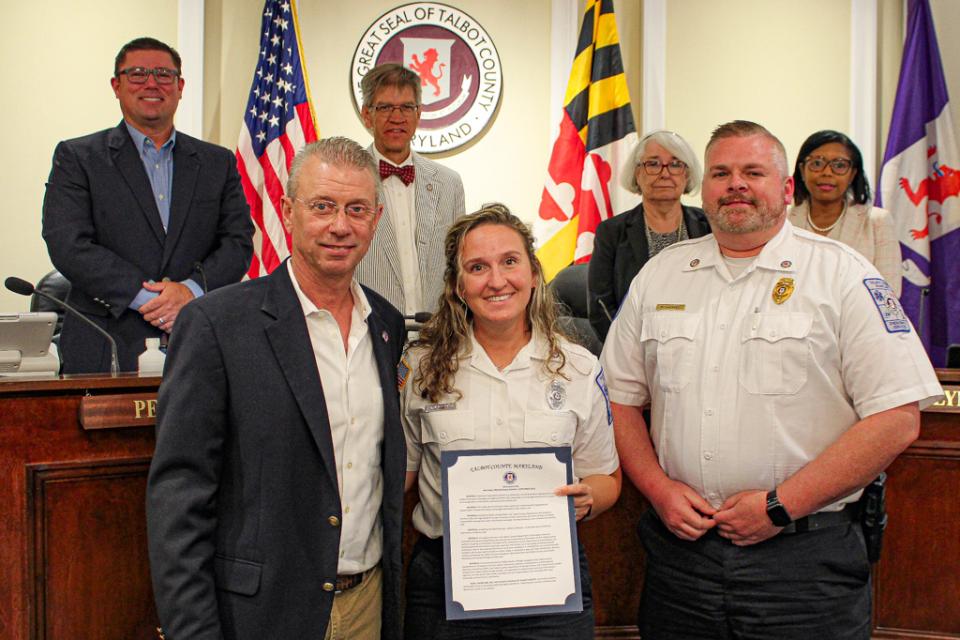 Geneva Schaffle, Division Chief, Emergency Management, and Brian LeCates, Director of Emergency Services, accept a proclamation from Council President Chuck Callahan for “National Preparedness Month”.